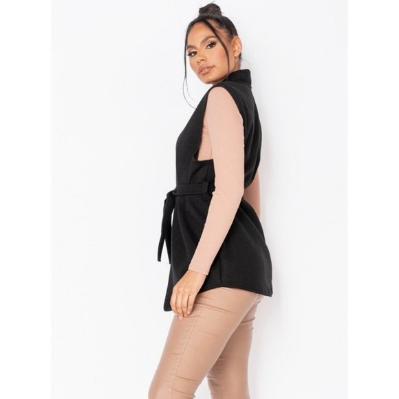 Black Wool Sleeveless Belted Vest Blazer Jacket - Picture 2 of 13